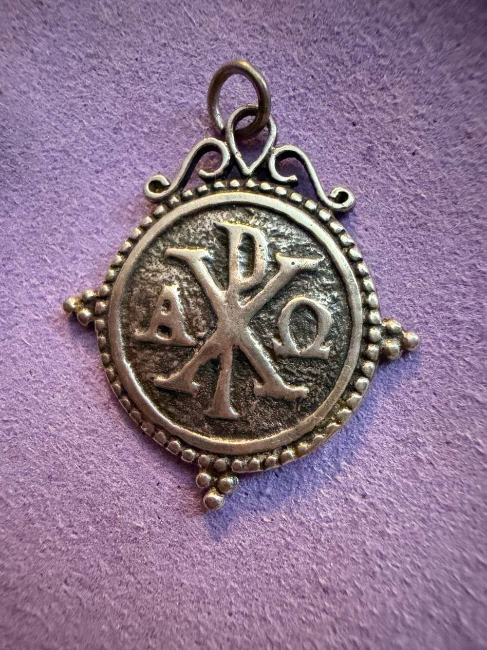 Vintage Sterling Silver Chi Rho Alpha Omega Religious Pendant
